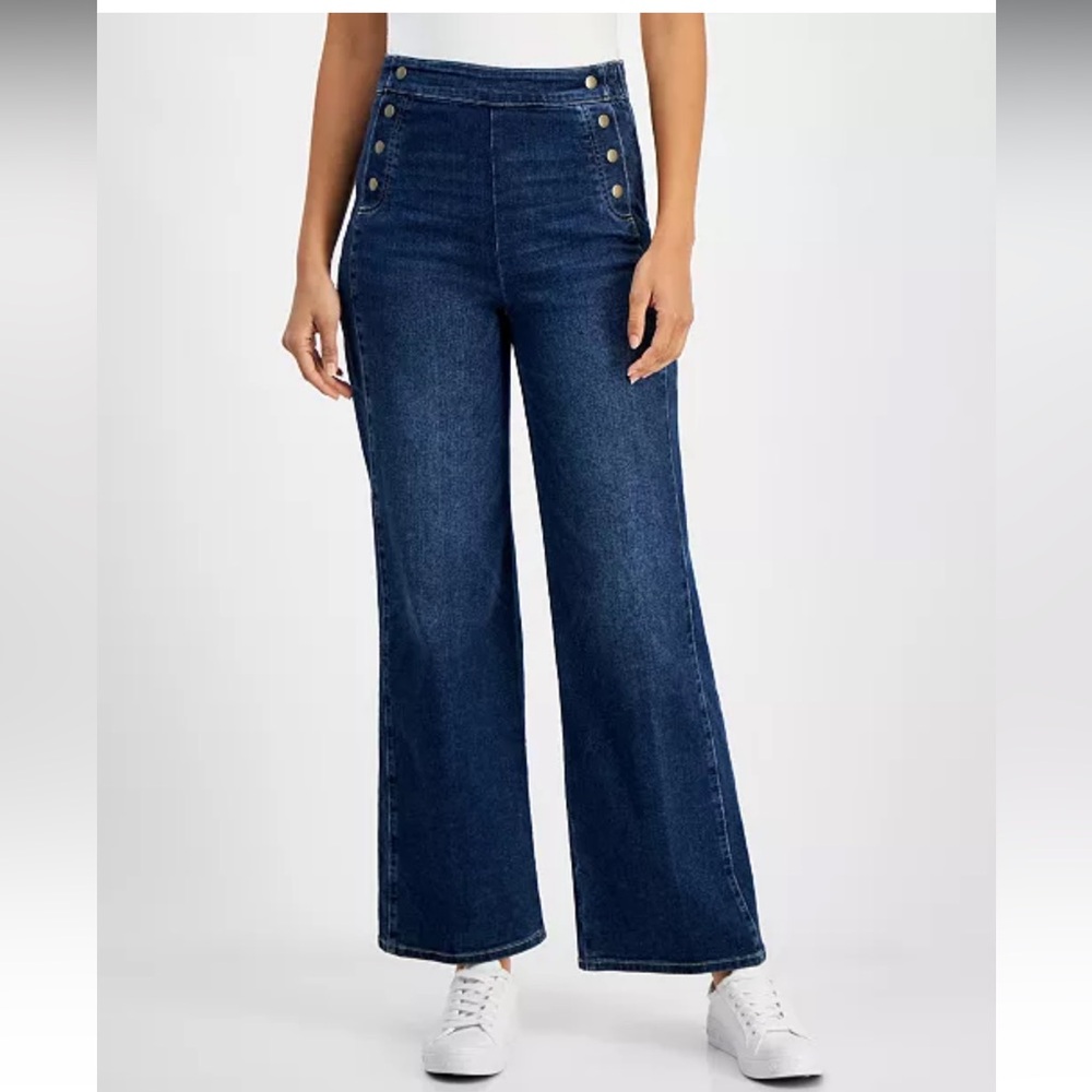Nautica Medium Wash Cotton Blend Side-Zip Wide-Leg Sailor Inspired Jeans Size 14